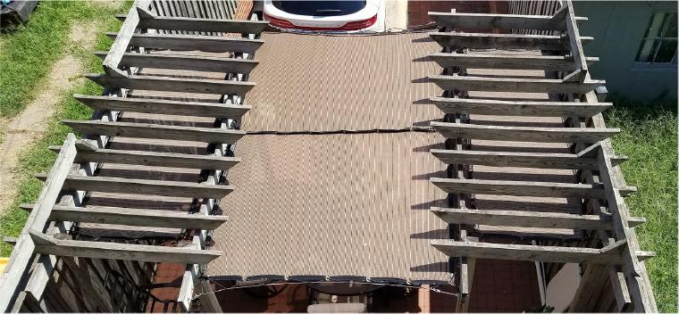 Tan&Black 80% knit shade panel installed with cable and rope on wood trellis. Nice taut project for best longevity.