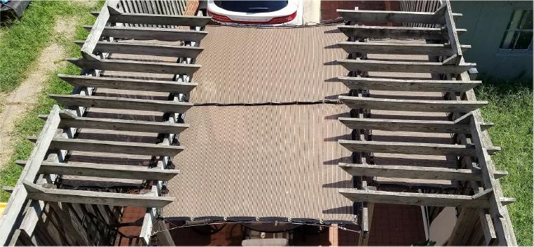 cableAfter2 Tan&Black 80% knit shade panel installed with cable and rope on wood trellis. Nice taut project for best longevity.