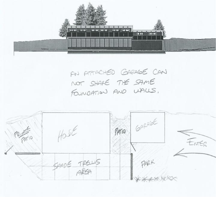 Bermed residential layout with detached garage, patio and shade trellis details.