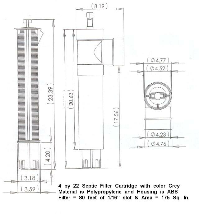 Dimensions for life-time service, non-electric septic tank settling basin sieve filter. NSF standard #46 certified. 