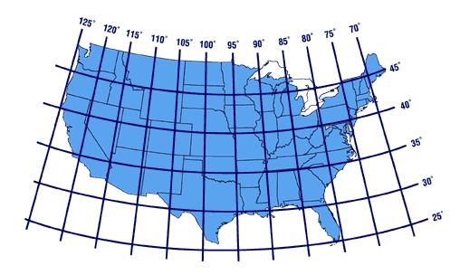 Latitude and longitude map of the United States to estimate slope of passive solar greenhouse style glazing.