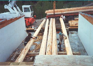 logroof2 Peeling bark off logs inside the home foundation makes for more effective work area, versus out in yard