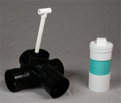 Graywater flow director valve tee shown with handle kit allows greywater to split 50/50 or 100% in only one direction