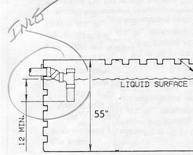 Septic tank inlet plumbing using 'sanitary tee' with drop pipe and two 22.5 bends to bring top closer to water level.