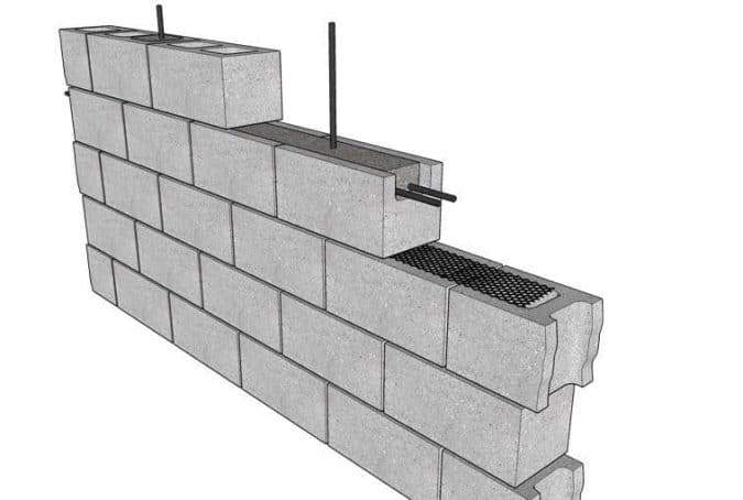 Concrete cinder block wall illustrated with vertical and horizontal rebar reinforcement and wire mesh.