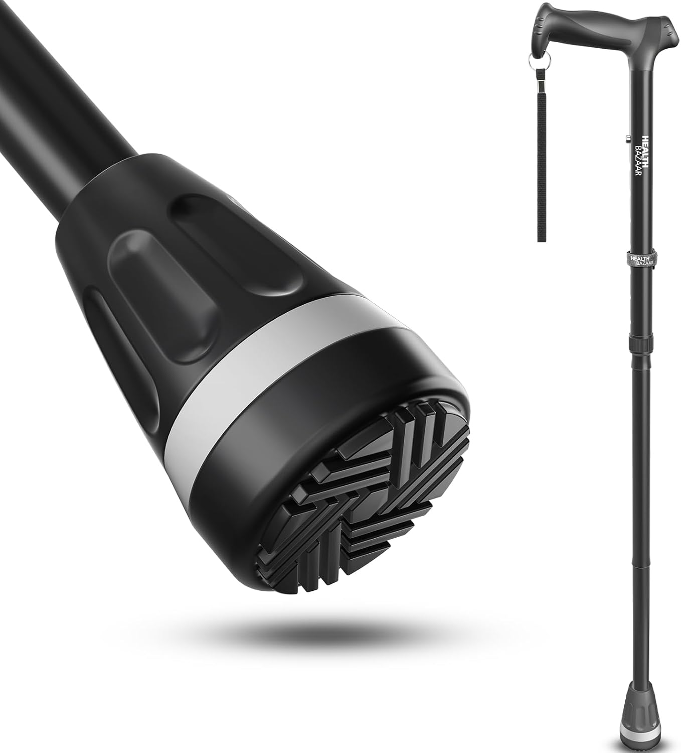 All-terrain cane with shock absorbing, flat handle top, glow-in-the-dark foot.