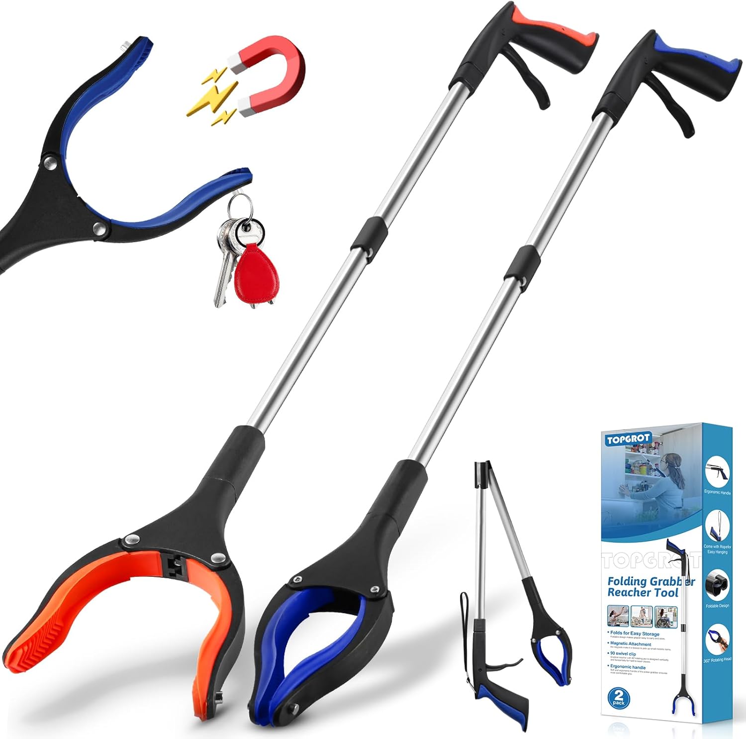 Foldable grabber reacher tool with magnetic tip