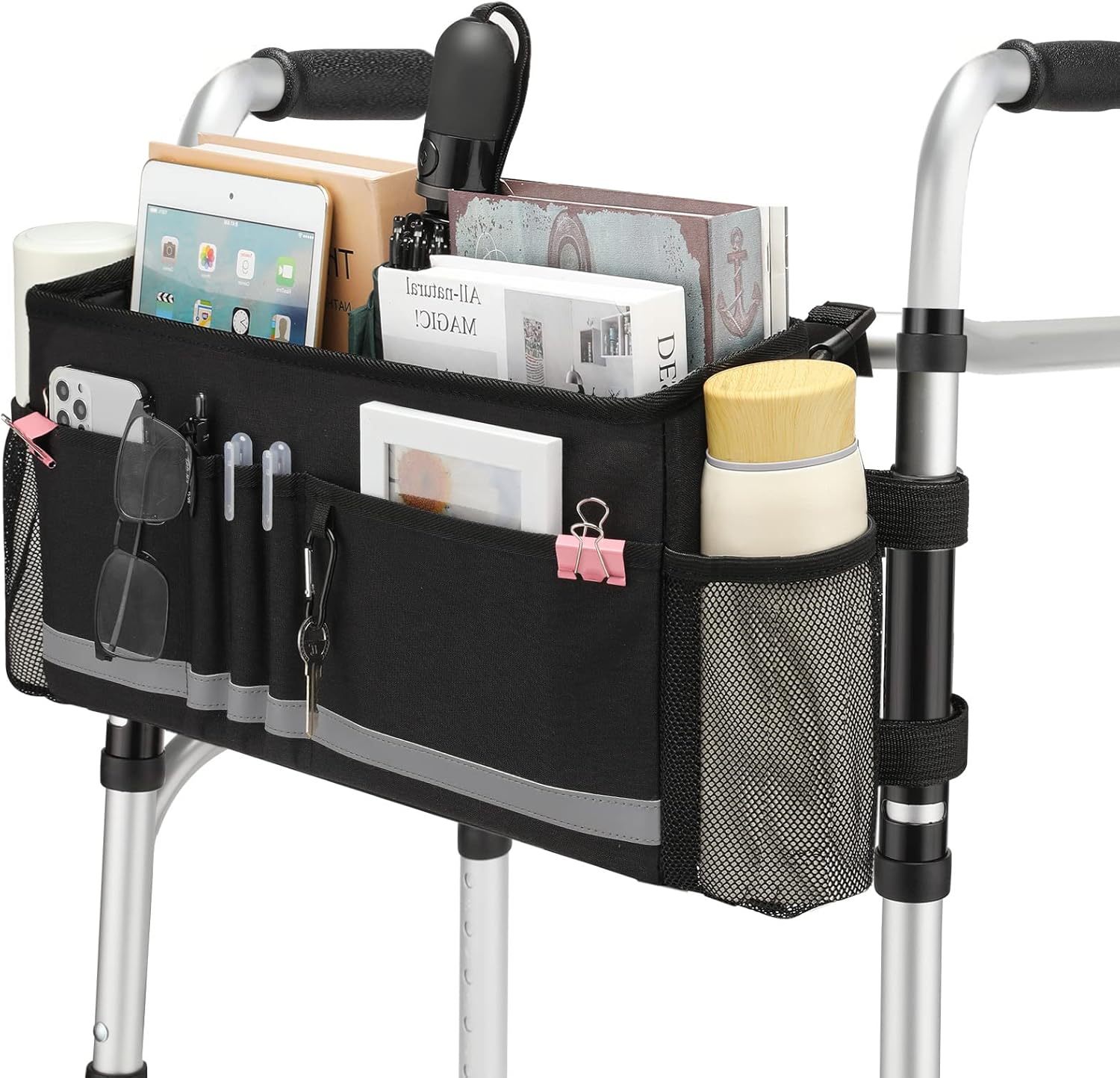 Basket for your walker with drink holder and plenty of pockets