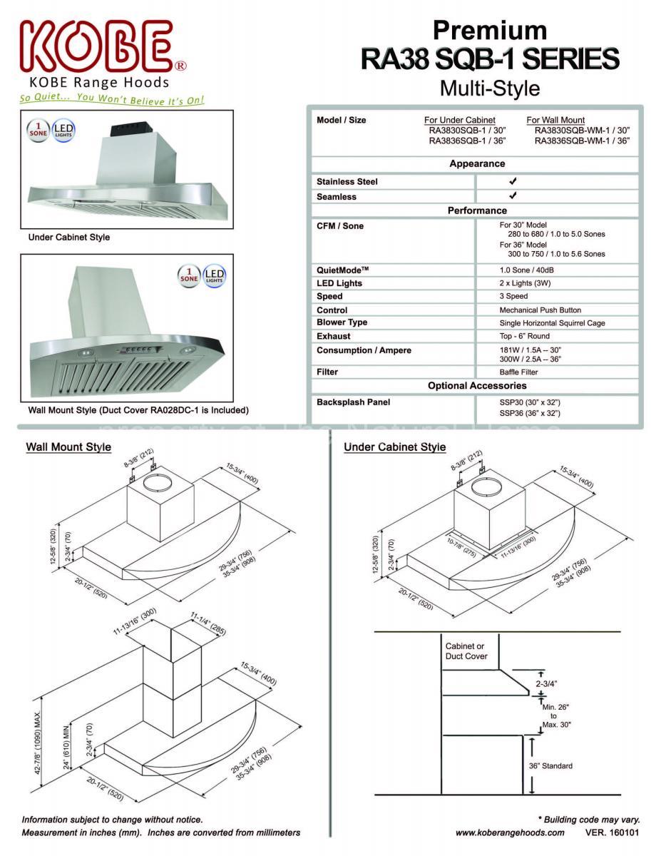 Kobe RA3830SQB1 RA3836SQB1 under mount stainless steel hood