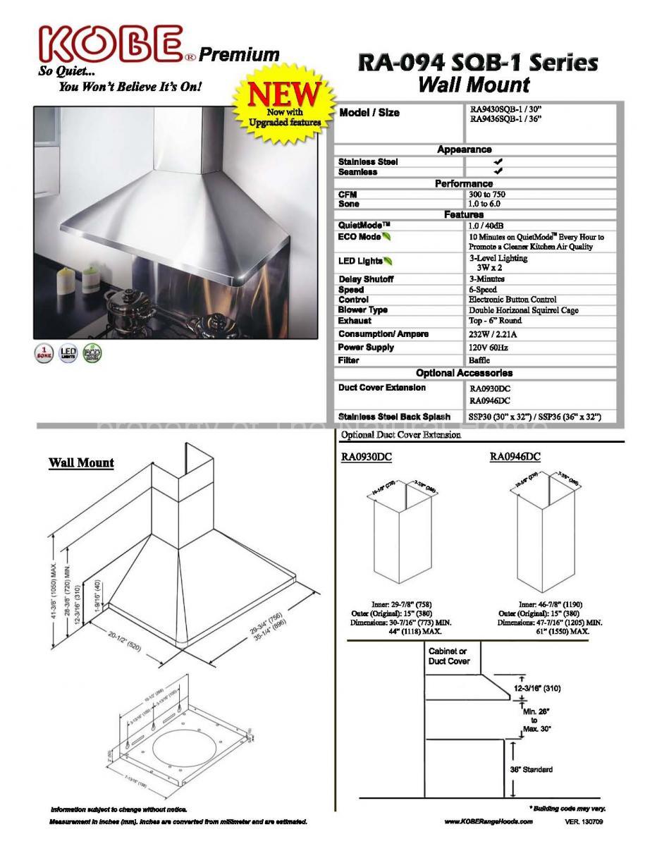 Kobe RA9430SQB1 and RA9436SQB1 classic wall mount chimney hood The